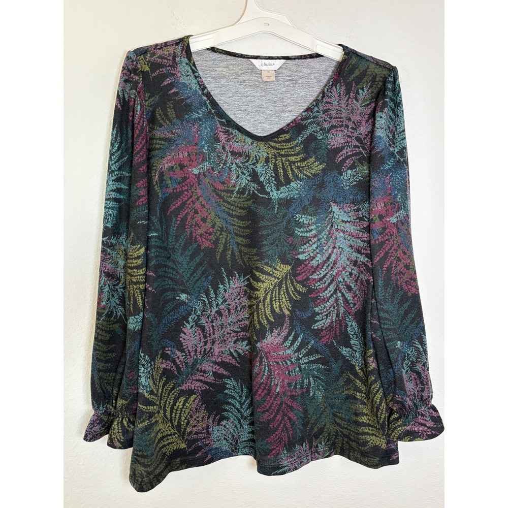 Cj Banks Womens 1X Top V-Neck Long Sleeve Ruffle Cuff Fern Leaf Botanical Print